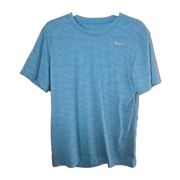 Nike Dri-FIT Blue Striped Swoosh Logo Short Sleeve Active Top Men's Size Medium - Picture 1 of 5